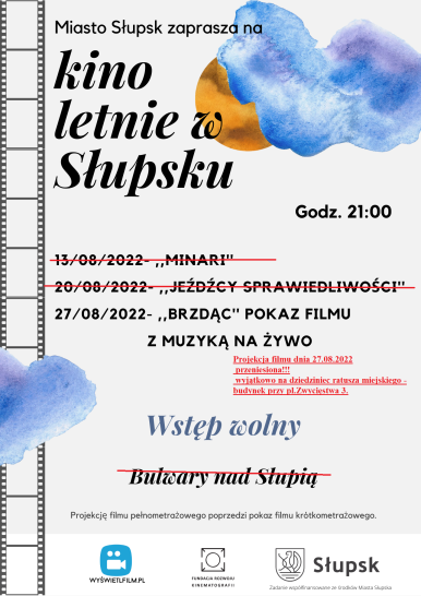 Na zdjęciu widzimy plakat z informacjami jak w treści artykułu oraz grafikę - słoneczko, chmurę i taśmę filmową.